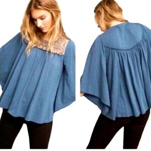 Anthropologie Deletta Josephine Beaded Bell Top Blue Size Small NEW